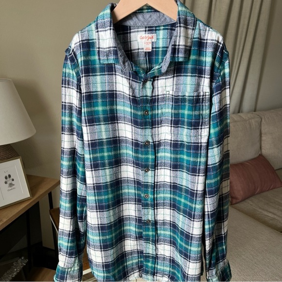 Cat & Jack Boy’s Green/blue/white Plaid L/S Button Up Size L (12/14) - Picture 1 of 11
